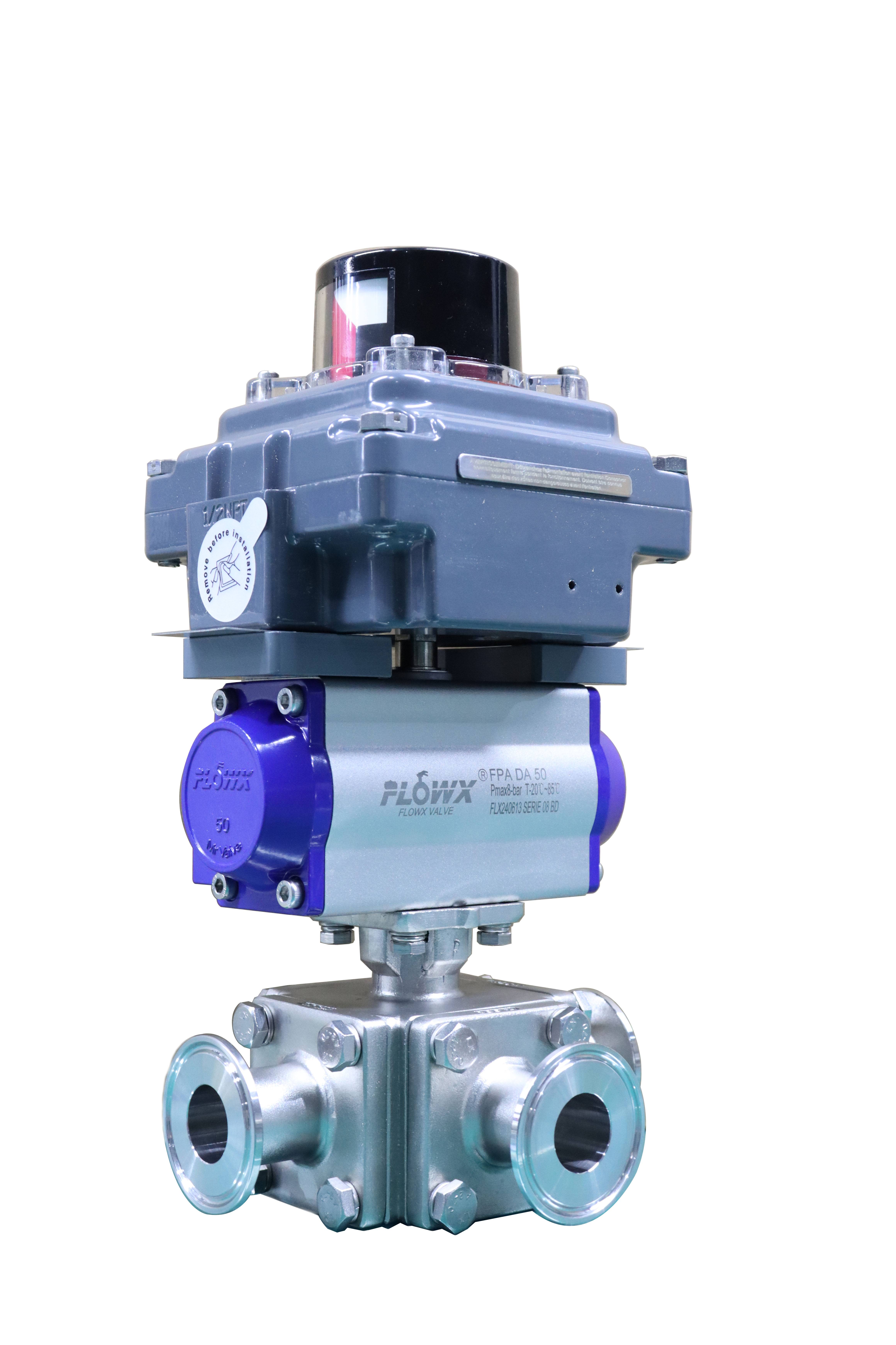 Pneumatic three-way clamp ball valve